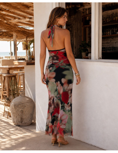 Vestido Largo de Tul Estampado Floral con Escote Halter negro