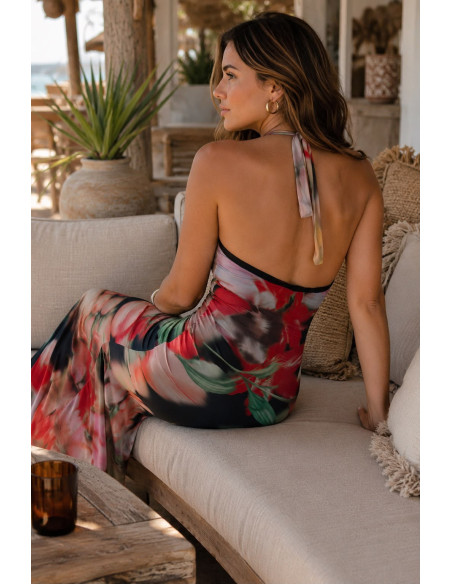 Vestido Largo de Tul Estampado Floral con Escote Halter negro