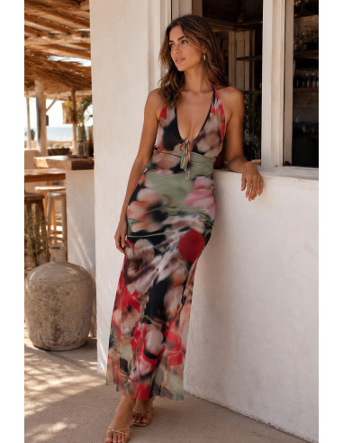 Vestido Largo de Tul Estampado Floral con...