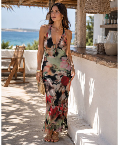 Vestido Largo de Tul Estampado Floral con Escote Halter...