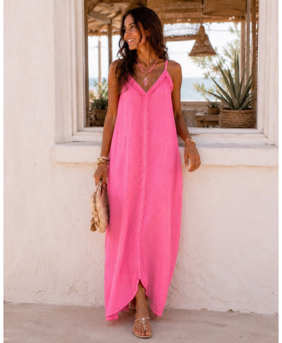 Vestido Largo de Lino rosa Flúor con Tirante Regulable 2