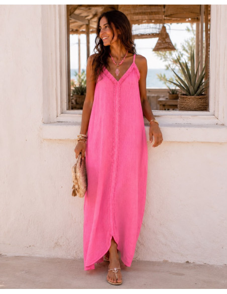 Vestido Largo de Lino rosa Flúor con Tirante Regulable