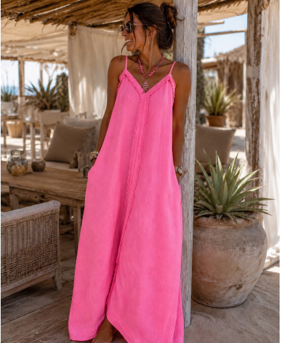 Vestido Largo de Lino rosa Flúor con Tirante Regulable