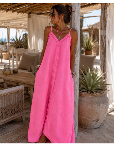 Vestido Largo de Lino rosa Flúor con Tirante...