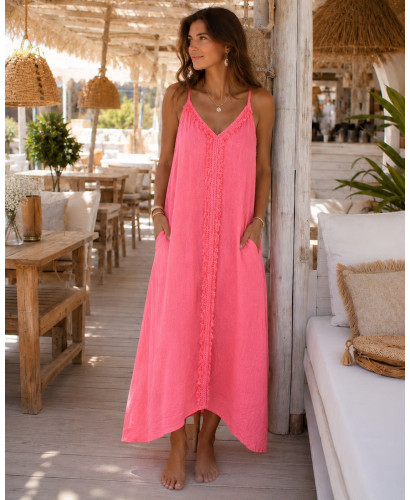 Vestido Largo de Lino coral Flúor con Tirante Regulable