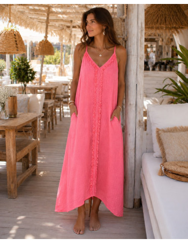 Vestido Largo de Lino coral Flúor con Tirante...