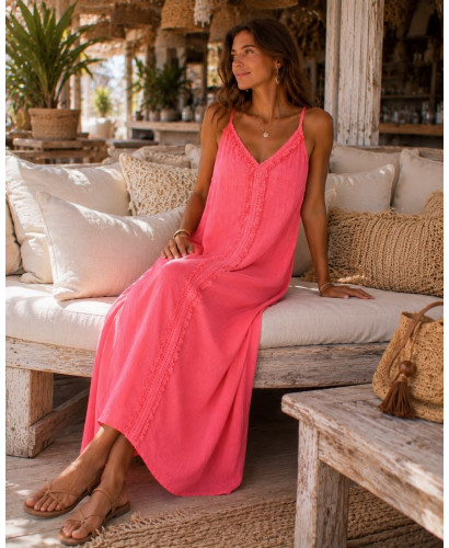 Vestido Largo de Lino coral Flúor con Tirante Regulable 2