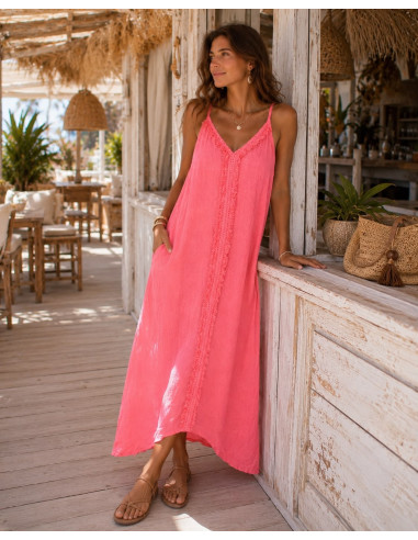 Vestido Largo de Lino coral Flúor con Tirante...