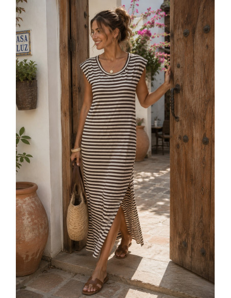 Vestido Largo de Rayas Chocolate y Crudo con Hombreras