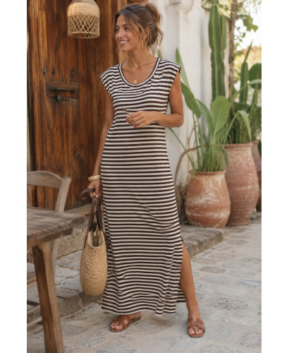 Vestido Largo de Rayas Chocolate y Crudo con Hombreras 2