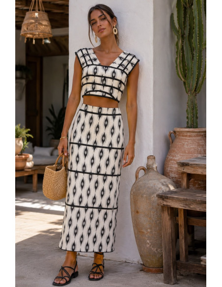 Conjunto de Dos Piezas Estampado Blanco y Negro