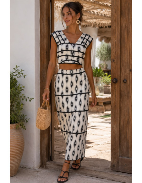 Conjunto de Dos Piezas Estampado Blanco y Negro