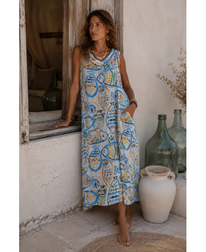 Vestido Largo de Lino blanco con Estampado Artístico de...