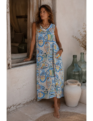 Vestido Largo de Lino blanco con Estampado...