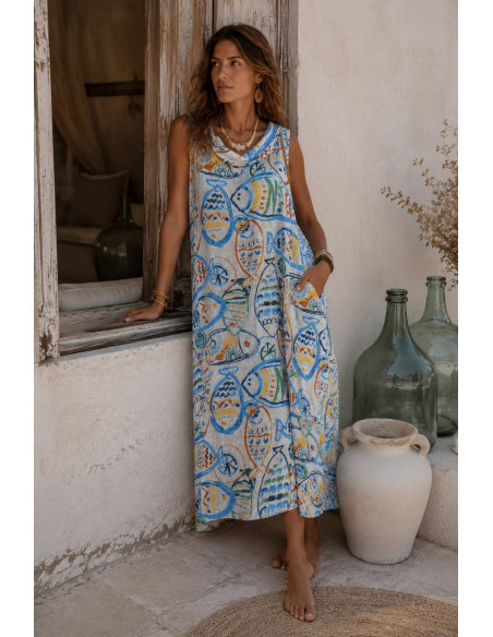 Vestido Largo de Lino blanco con Estampado Artístico de Peces