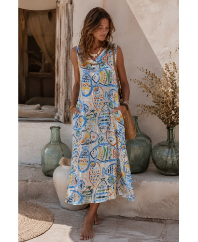 Vestido Largo de Lino blanco con Estampado Artístico de... 2