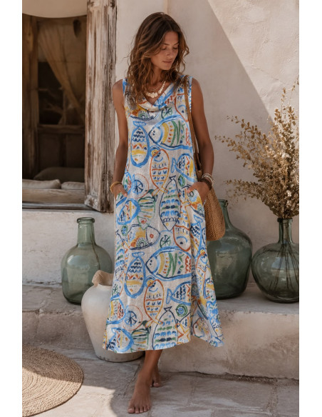 Vestido Largo de Lino blanco con Estampado Artístico de Peces