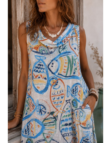 Vestido Largo de Lino blanco con Estampado...