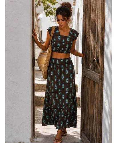 Conjunto de Dos Piezas Estampado chocolate y turquesa con...