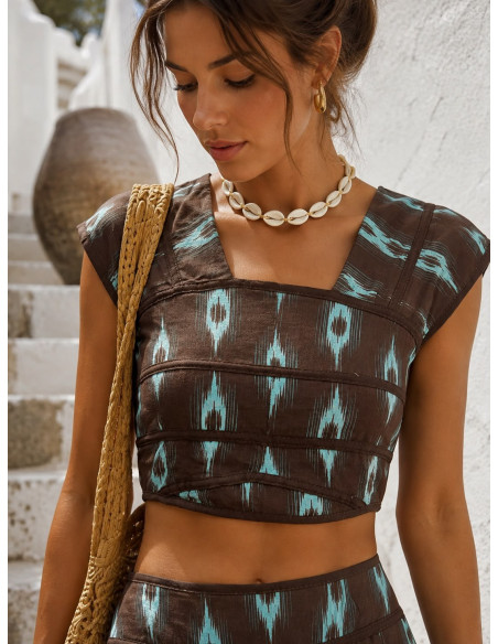 Conjunto de Dos Piezas Estampado chocolate y turquesa con Falda Larga