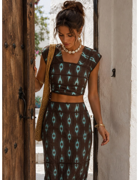 Conjunto de Dos Piezas Estampado chocolate y turquesa con Falda Larga