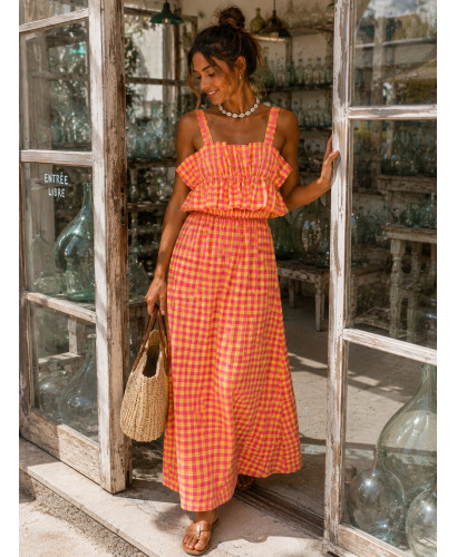 Vestido Largo Vichy amarillo lima y rosa flúor con Volante