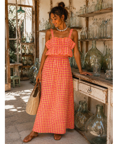 Vestido Largo Vichy amarillo lima y rosa flúor con Volante 2