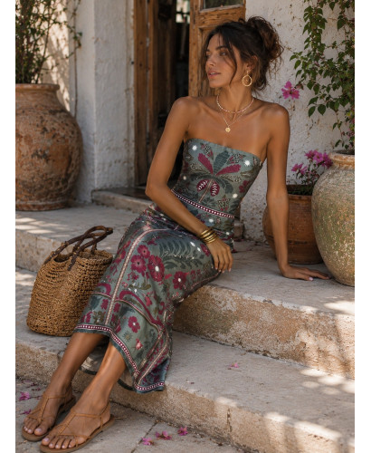 Vestido Palabra de Honor verde con estampado 2
