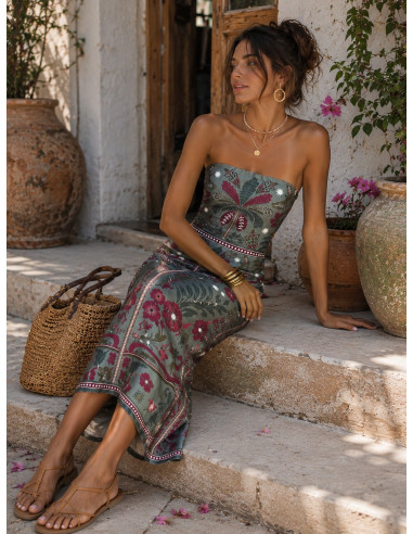 Vestido Palabra de Honor verde con estampado