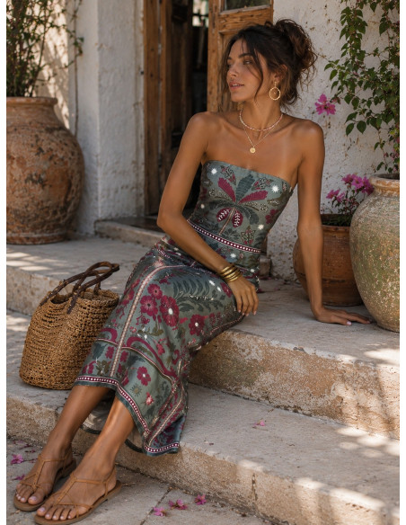 Vestido Palabra de Honor verde con estampado