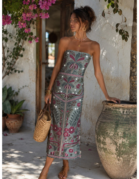 Vestido Palabra de Honor verde con estampado