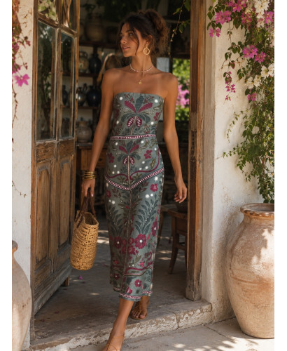Vestido Palabra de Honor verde con estampado