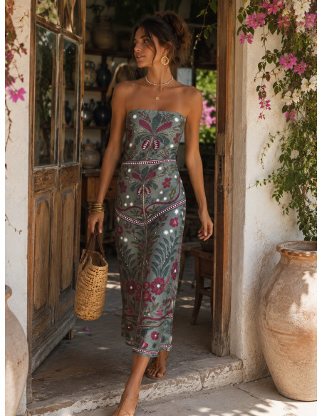 Vestido Palabra de Honor verde con estampado
