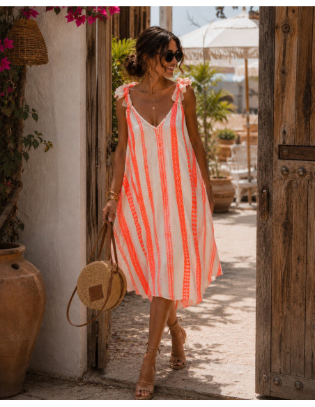 Vestido Asimétrico Bordado naranja Flúor