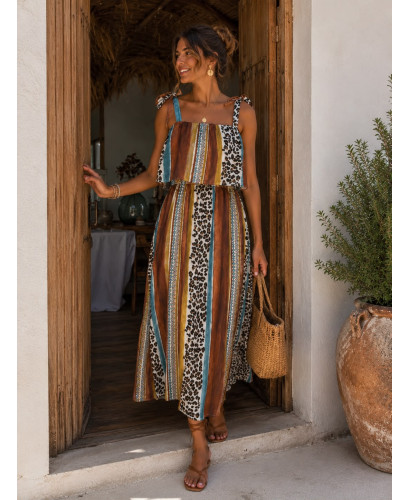 Vestido Midi Combinado con Animal Print y Rayas en Tonos...