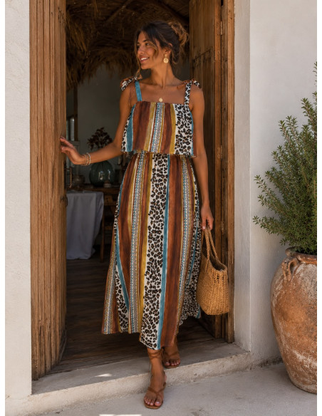 Vestido Midi Combinado con Animal Print y Rayas en Tonos Tierra