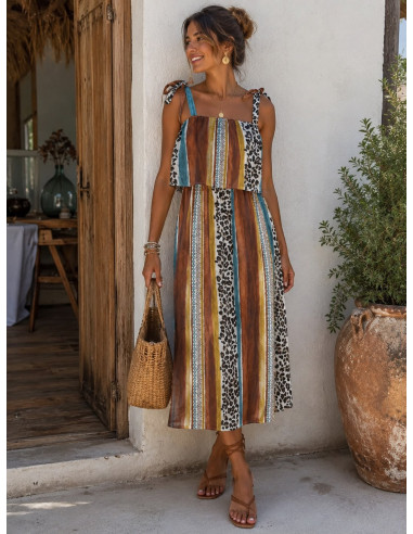 Vestido Midi Combinado con Animal Print y Rayas...
