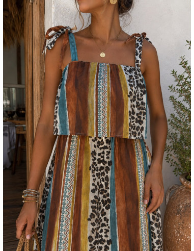 Vestido Midi Combinado con Animal Print y Rayas...