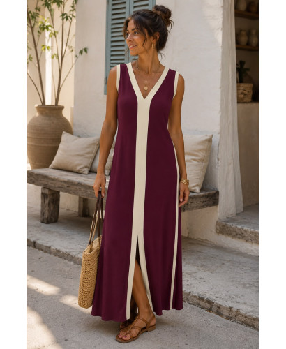 Vestido Largo Granate y Crudo Abertura Frontal