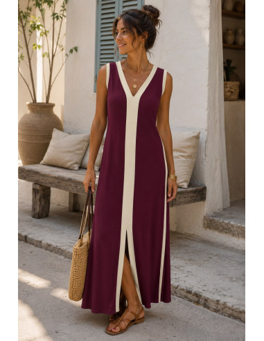Vestido Largo Granate y Crudo Abertura Frontal