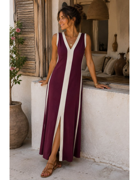 Vestido Largo Granate y Crudo Abertura Frontal