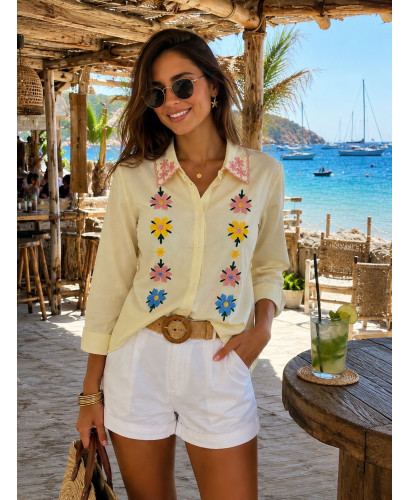 Camisa Bordada de Algodón con Flores y Cuello Bordado
