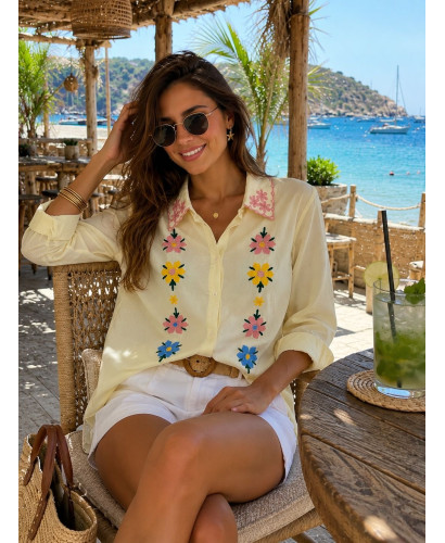 Camisa Bordada de Algodón con Flores y Cuello Bordado 2