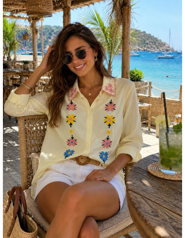 Camisa Bordada de Algodón con Flores y Cuello...