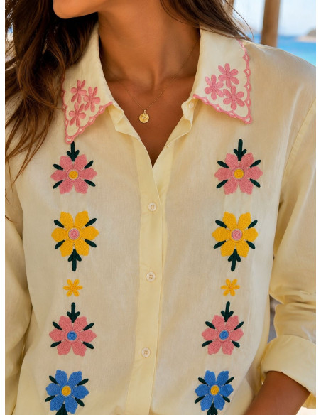 Camisa Bordada de Algodón con Flores y Cuello Bordado