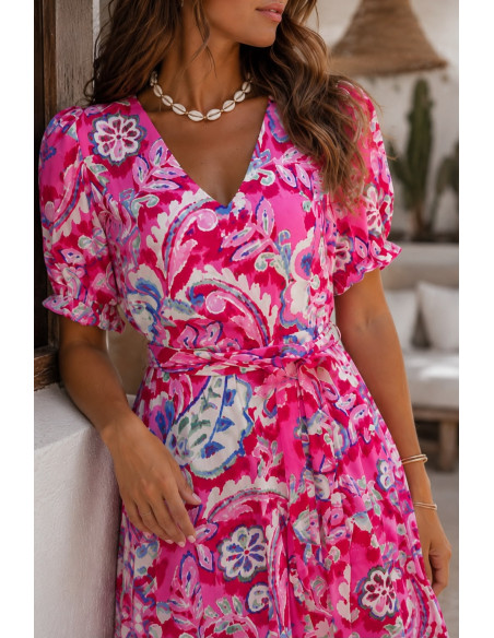 Vestido Corto Estampado en rosas  con Escote de Pico