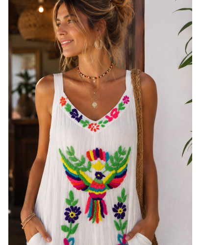 Mono de Bambula Blanco Bordado Multicolor con Bolsillos 2