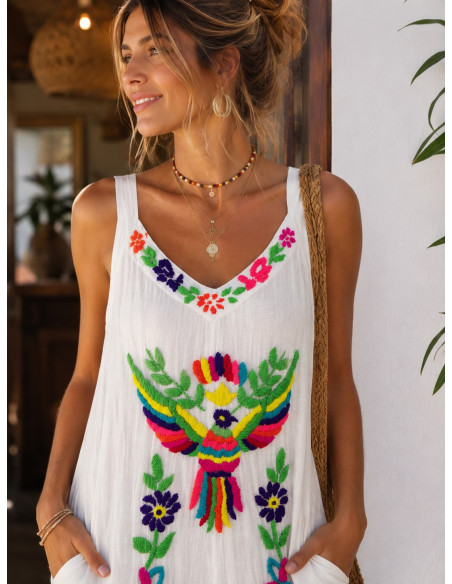 Mono de Bambula Blanco Bordado Multicolor con Bolsillos