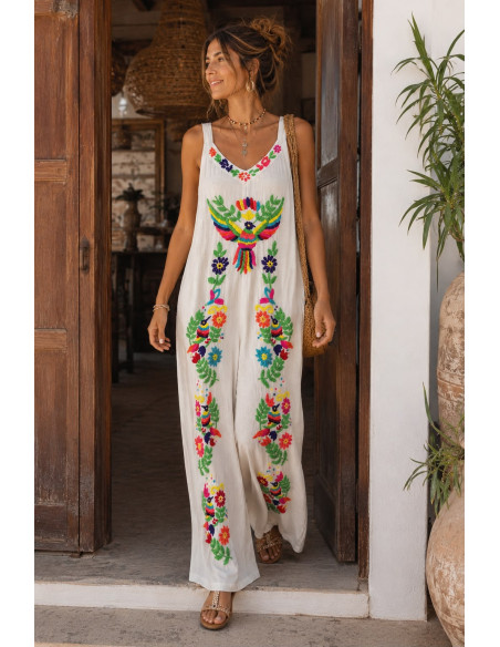 Mono de Bambula Blanco Bordado Multicolor con Bolsillos