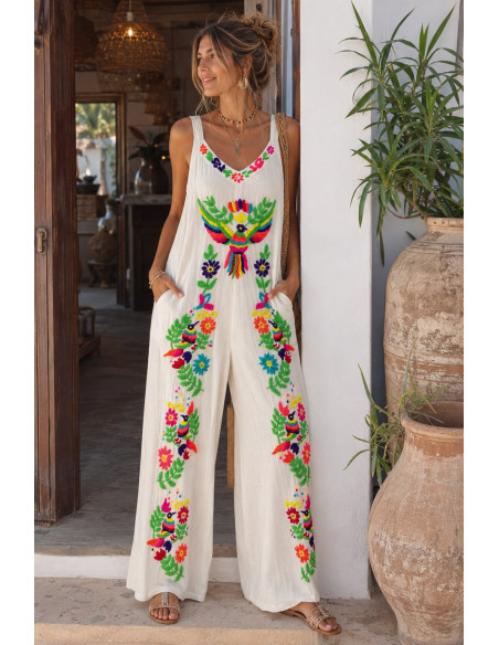 Mono de Bambula Blanco Bordado Multicolor con Bolsillos